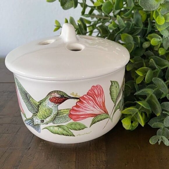Vintage D.L. Burkhart Hummingbird and Hibiscus Garlic Keeper Jar with Lid - Picture 3 of 6